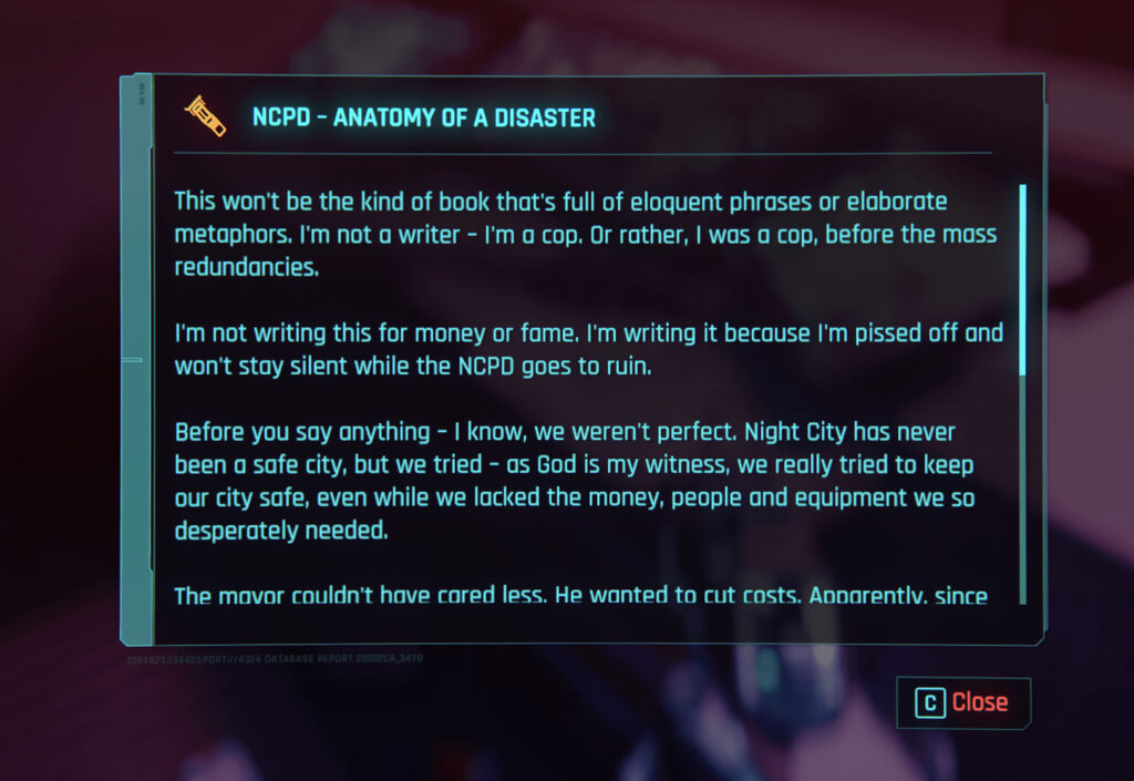 Cyberpunk 2077 screenshot: a book talks about how poor the cops are. 