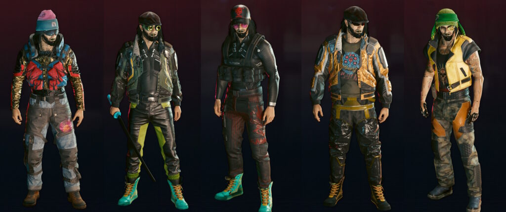 Cyberpunk 2077 screenshot: five differently dressed Vs.