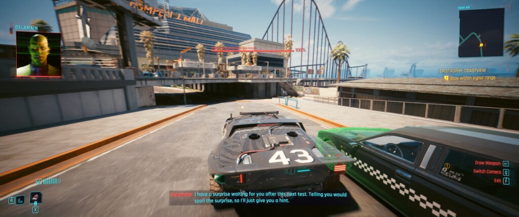 Cyberpunk 2077 screenshot: exterior view a dark muscle clar, numbered 43, getting sideswiped by a black taxi cab. 