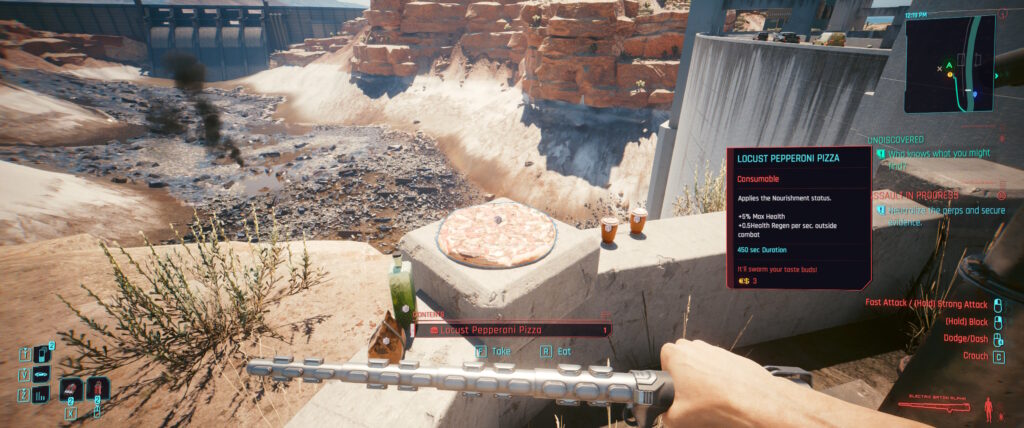 Cyberpunk 2077 screenshot:  a pizza resting straight on top of a concrete barrier