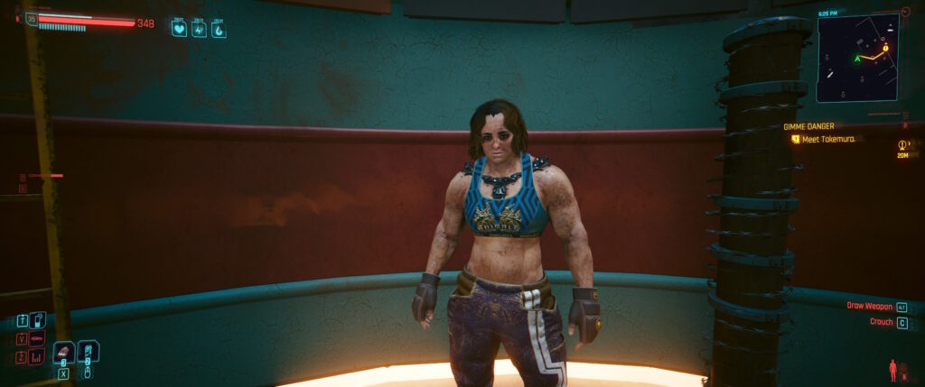 Cyberpunk 2077 screenshot: a muscular lady in a gym outfit