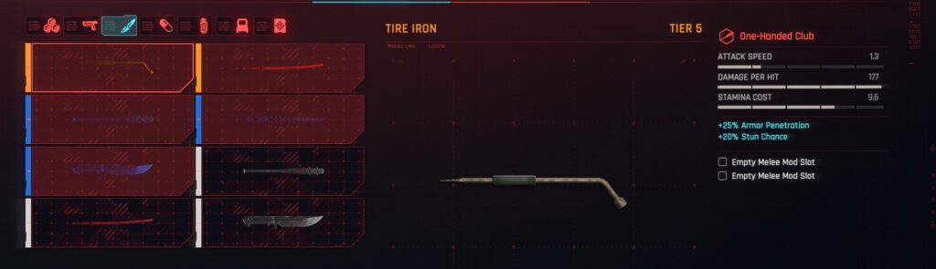 Cyberpunk 2077 screenshot: a Tier 5 Tire iron. 