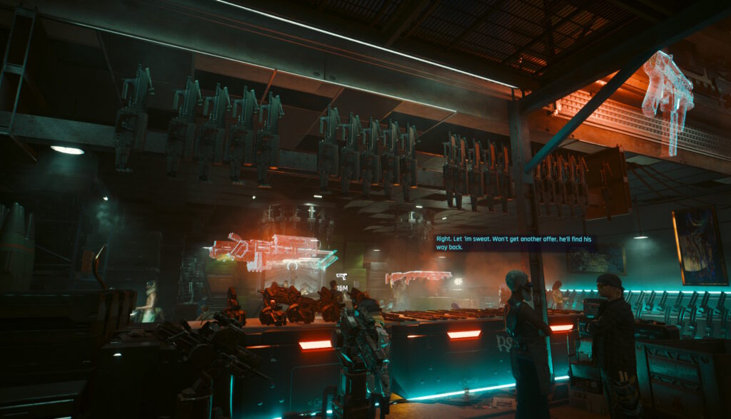 Cyberpunk 2077 screenshot: a weapon store selling loads of identical HMGs