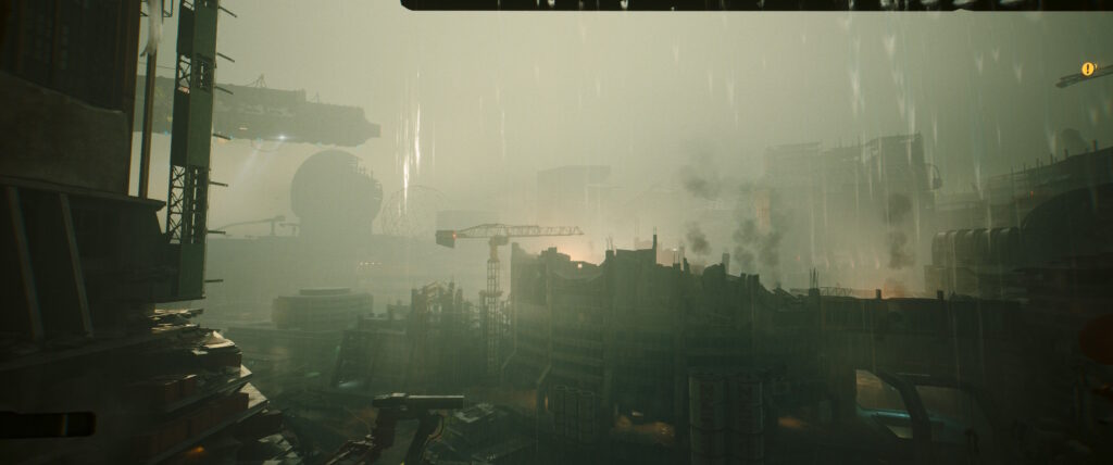 Cyberpunk 2077 screenshot:  A gloomy cityscape with fog, unfinished buildings, ruins, and at least one giant floating atomblimp