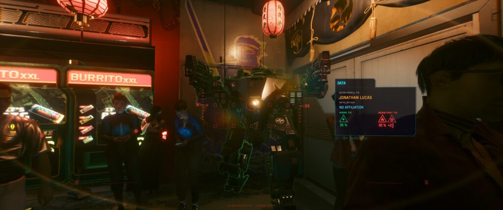 Cyberpunk 2077 screenshot: a big battle robot has a human name and surname, which it shouldn't have. 