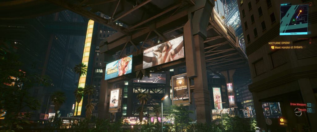 Cyberpynk 2077 screenshot: multi-storey streets but the focus here is the ad with the POV shot of someone fucking a woman missionary style. 