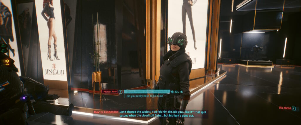 Cyberpunk 2077 screenshot: A Maxtax trooper vaxes edgily about murder. 