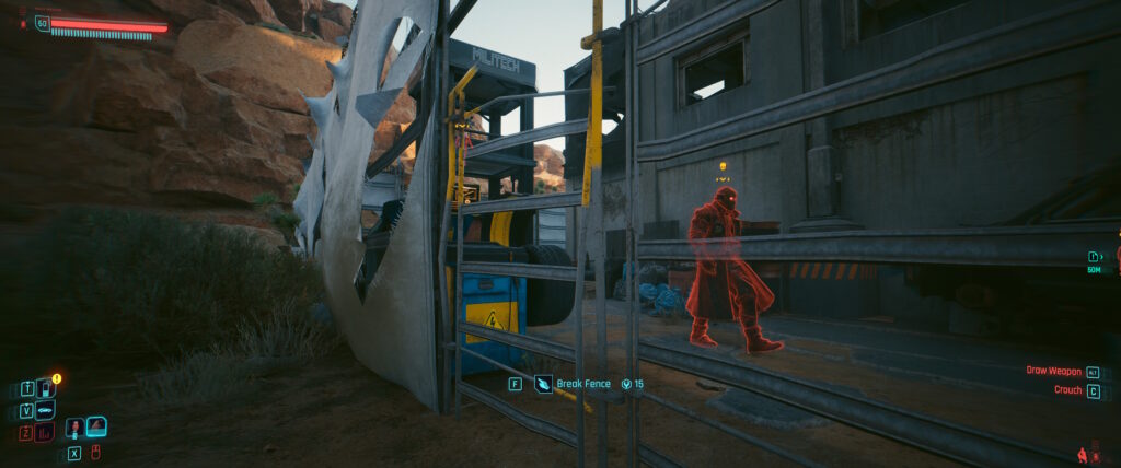 Cyberpunk 2077 screenshot: a very flimsy gate in a flimsy fence. Beyond it, you can see the red outline of a guard I tagged. 