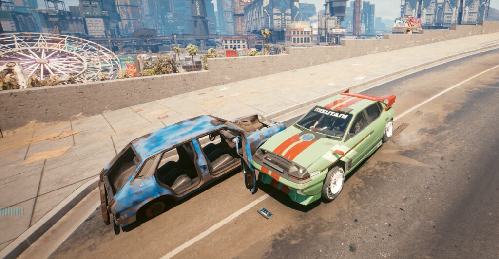 Cyberpunk 2077 screenshot: a green Japanese sportscar crashed into the open passenger side door of a blue car wreck. 