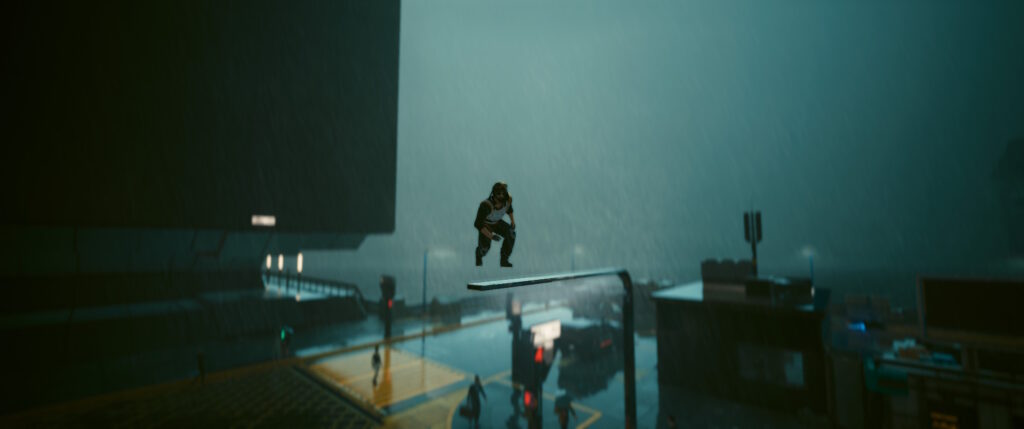 Cyberpunk 2077 screenshot: V crouches and floats above a lightpost. 