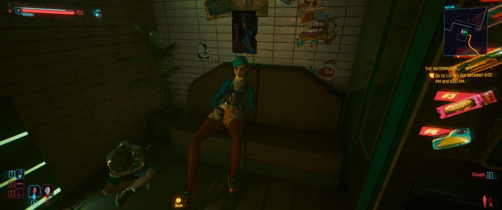 Cyberpunk 2077 screenshot:  a white woman in blue hair, orange aviators, blue hoodie, blue cropped tshirt, orange short shorts, red thigh-highs and red sneakers lounges on a couch. 