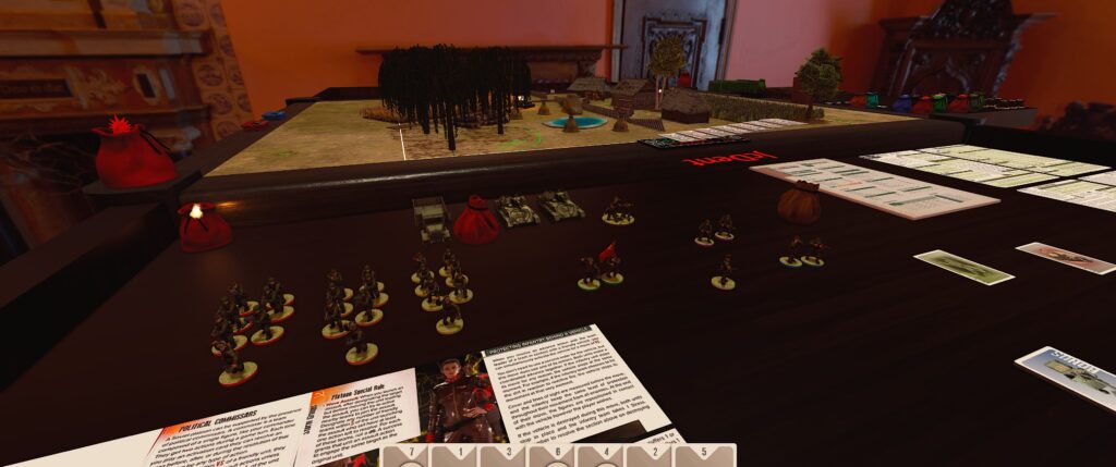 TTS screenshot: a Soviet platoon and its hangers on stand outside the tabletop map. 