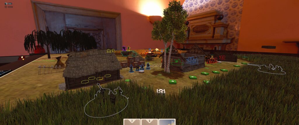 TTS screenshot: grass, houses, AT guns, stres markers.  